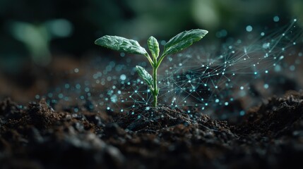 a young plant sprouts from the soil symbolizing growth and potential with a digital network overlay representing connectivity and innovation