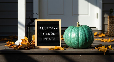 Fototapeta premium Allergy-friendly treats sign with teal pumpkin on porch in autumn