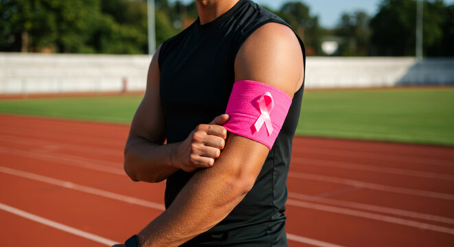 Male athlete wearing pink ribbon armband for breast cancer awareness