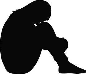 Person sitting in introspective pose silhouette cartoon illustration, symbolic emotion and expressive gesture artwork for lifestyle and wellness design