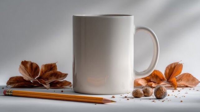 autumnal workspace minimalist white mug pencils soft light