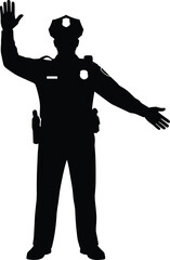Police officer directing traffic silhouette cartoon illustration, symbolic authority and expressive gesture artwork for safety and lifestyle design