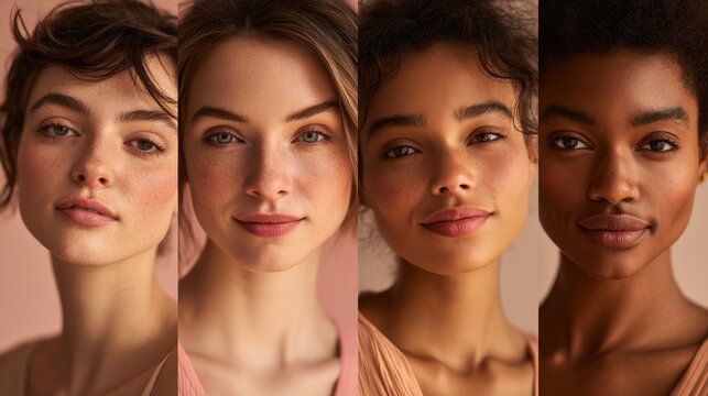 Four diverse women portrait close up with warm pink background and soft lighting