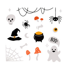 Fototapeta premium A cute holiday set, a set of Halloween elements with spiders, a pumpkin, a potion, ghosts, a frame, a skeleton and a hat.
