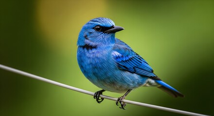 blue tit on a branch, Vibrant Blue Bird Perched on Wire — Iridescent Plumage and Alert Posture Against Soft Green-Yellow Background