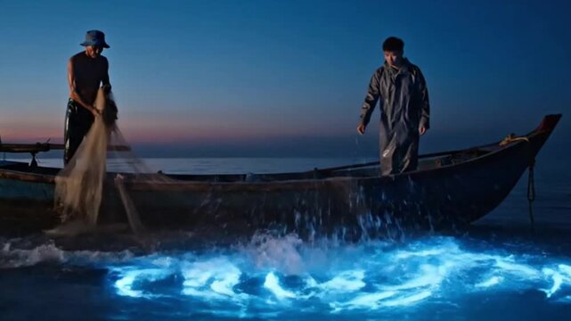 Fishermen Casting Nets Surrounded by Mysterious Glowing Fish at Sea