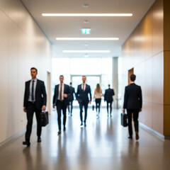Fototapeta premium Abstract blur image with business people walking down a modern hallway