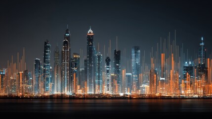 futuristic city skyline at night illuminated by digital glowing data charts and financial graphs overlaying skyscrapers