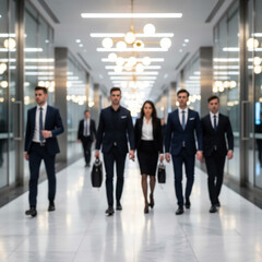 Fototapeta premium Abstract blur image with business people walking down a modern hallway
