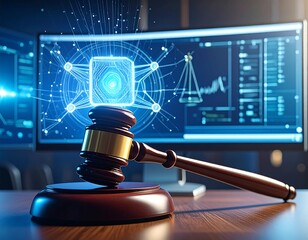 Gavel with futuristic legal tech interface