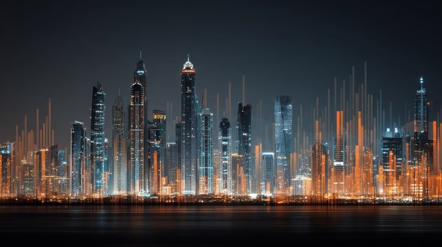 futuristic city skyline at night illuminated by digital glowing data charts and financial graphs overlaying skyscrapers - Powered by Adobe