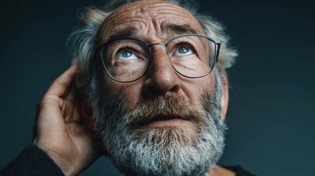 closeup portrait of a thoughtful senior man with a gray beard and glasses hand to ear looking upward