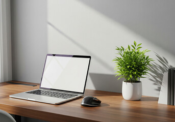 Fototapeta premium Laptop and Plant Workspace Modern Office Setup, Computer, Mouse, Wooden Desk, Nature, Sunlight.