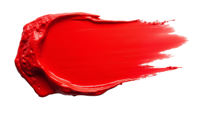 Bright red paint smear with thick texture and brush stroke pattern, realistic style, isolated on transparent background, concept of creativity