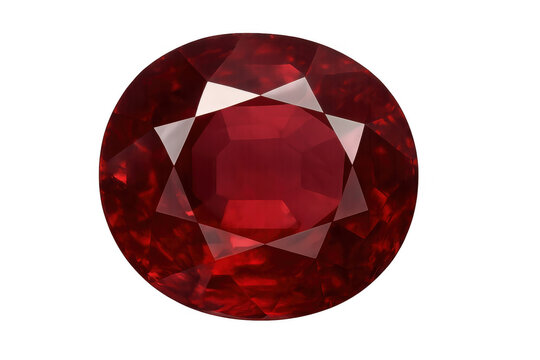 Round brilliant cut red ruby gemstone on a transparent background, symbolizing passion, wealth, and luxury
