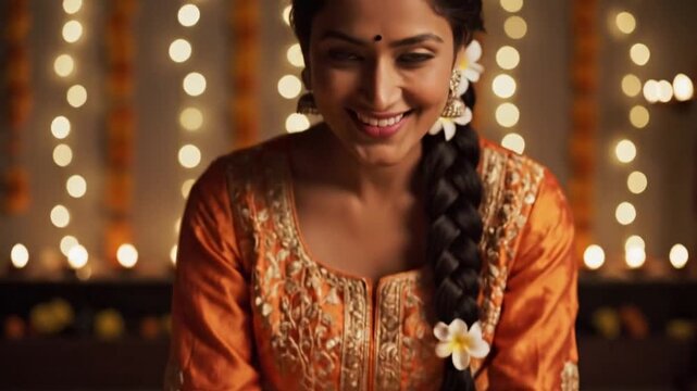 Beautiful Indian Woman Decorating Rangoli with Diyas for Diwali Festival.