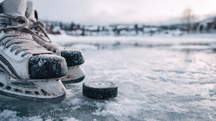 A pair of skates and a puck on an outdoor city skating rink are dusted with snow. Concepts of winter recreation, skating, and an active lifestyle, illustration with copy space