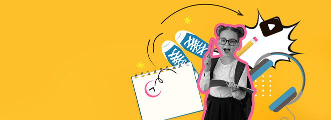 A vibrant collage featuring a cheerful student holding a book surrounded by learning materials like headphones, a notebook, and colorful graphics.