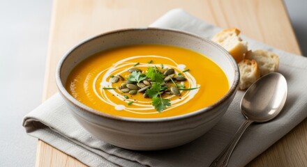 Creamy pumpkin soup with garnish and baguette slices for cozy autumn meals