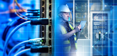 Industrial networking technologies. Internet equipment near man system administrator. Networking technologies for factory. Internet switch for manufacture. Man system administrator with e-tablet