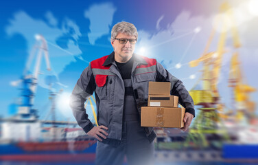 Man courier near sea port. Cargo harbor for delivery of goods. Guy with parcels near international port. Sea freight of parcels. Man with boxes looks at camera. Maritime logistician in gray uniform.