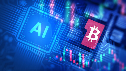 Bitcoin trading with AI. Buying and selling cryptocurrencies on exchange. Using artificial intelligence for blockchain payments. Bitcoin trading online. AI tech for investing in e-money. 3d image
