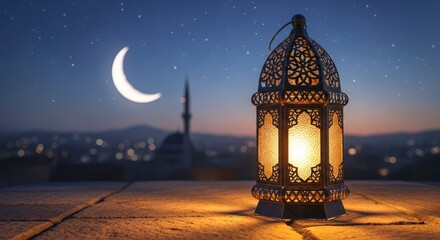 Ornate lantern with crescent moon and starry sky at night