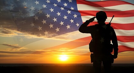 Soldier saluting in front of the American flag at sunset.