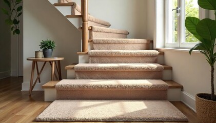 Luxurious Deep-Pile Carpet Runner Elegantly Transforms Staircase, Adding Warmth and Style to a Home Interior. Plush Texture Creates an Inviting and Elegant Atmosphere.