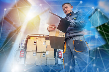 Courier checking delivery documents and packages near van full of parcels, concept of shipping,...