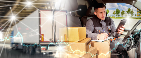 ourier in delivery van using tablet and writing notes with cardboard boxes around, logistics and package distribution concept. Logistics, Delivery.