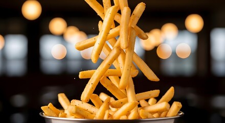 A cascade of crispy golden french fries falling into a metal bowl with a blurred light background.