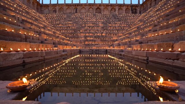 Beautiful Stepwell Architecture Lit with Candles at Night.
