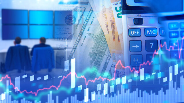 Financial concept with stock market chart, money, calculator and people analyzing data on monitors, symbolizing economy, trading and investment. Finance, Trading.