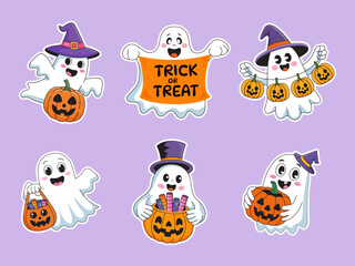 A set of cute pumpkin ghost stickers. Halloween characters. Vector illustration
