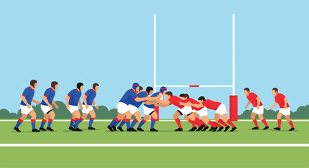 Dynamic rugby scrum action showcases teamwork and strength, perfect for sports marketing campaigns and athletic team websites, evoking passion and competitive spirit