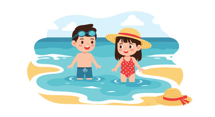 Delightful cartoon kids enjoying summertime fun at the beach with sun hats and swimwear, perfect for family vacation promotions and children's content