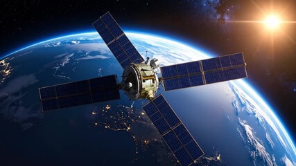 Satellite Orbiting Earth: Spacecraft in a Cosmos Atmosphere with Solar Panels - Powered by Adobe