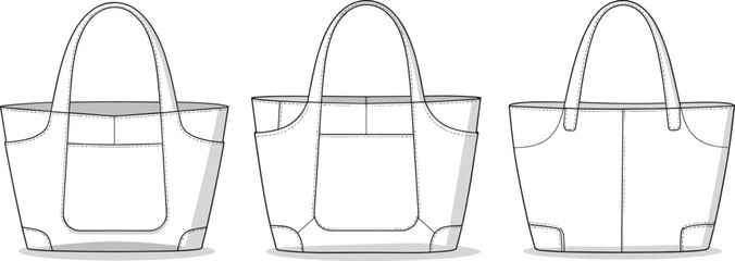 Tote bag technical sketch, front side back view, fashion accessory blueprint, structured handbag drawing, sewing pattern, flat vector illustration