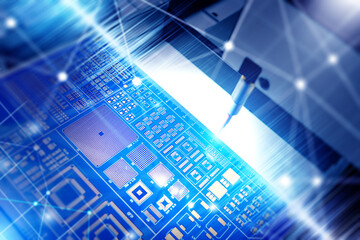 Naklejka na ściany i meble Close-up of a printed circuit board PCB design being processed or inspected by a precision machine, with a futuristic digital overlay representing technology, electronics, semiconductor manufacturing Naklejka na ściany i meble Close-up of a printed circuit board PCB design being processed or inspected by a precision machine, with a futuristic digital overlay representing technology, electronics, semiconductor manufacturing