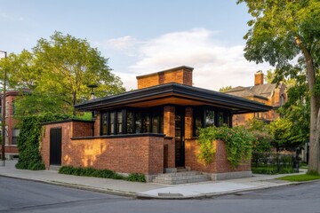 Fototapeta premium Unique modernist building design at a street corner with lush greenery and clear blue sky in the background during late afternoon light