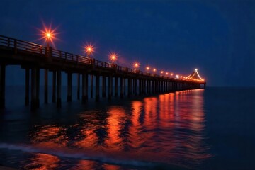 Obraz premium Mesmerizing Nighttime Ocean Pier Lights Reflecting Illumination on Dark Waters, Perfect for Travel, Coastal, and Nautical Designs