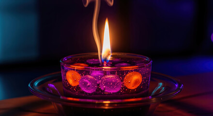 Close up of a burning decorative gel candle with colorful spheres. Moody and atmospheric light from a flame in a dark, intimate setting.