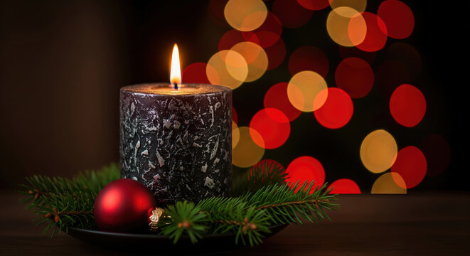 Moody Advent candle with a red Christmas ornament and pine branch. Dark and festive holiday decoration with colorful bokeh background lights.