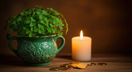St. Patrick's Day still life with a pot of shamrocks, a candle, and gold coins. Concept of Irish luck, tradition, and celebration.