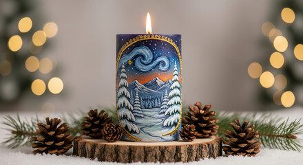 Hand-painted Christmas candle with a snowy winter landscape. Festive holiday decoration on a wood slice with pinecones and bokeh lights.