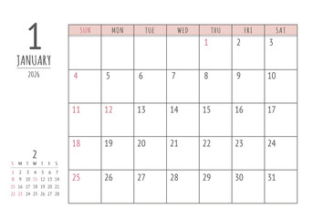 2026年 1月 シンプル書き込みカレンダー