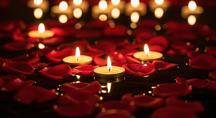 Romantic tea light candles floating with red rose petals on water. Spa and wellness concept for love, romance, or relaxation in the dark.