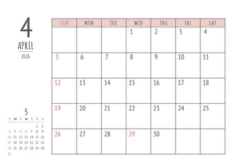 2026年 4月 シンプル書き込みカレンダー