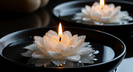White lotus flower candle with water drops floating in a dark bowl. Serene spa and meditation concept of purity, tranquility, and zen.